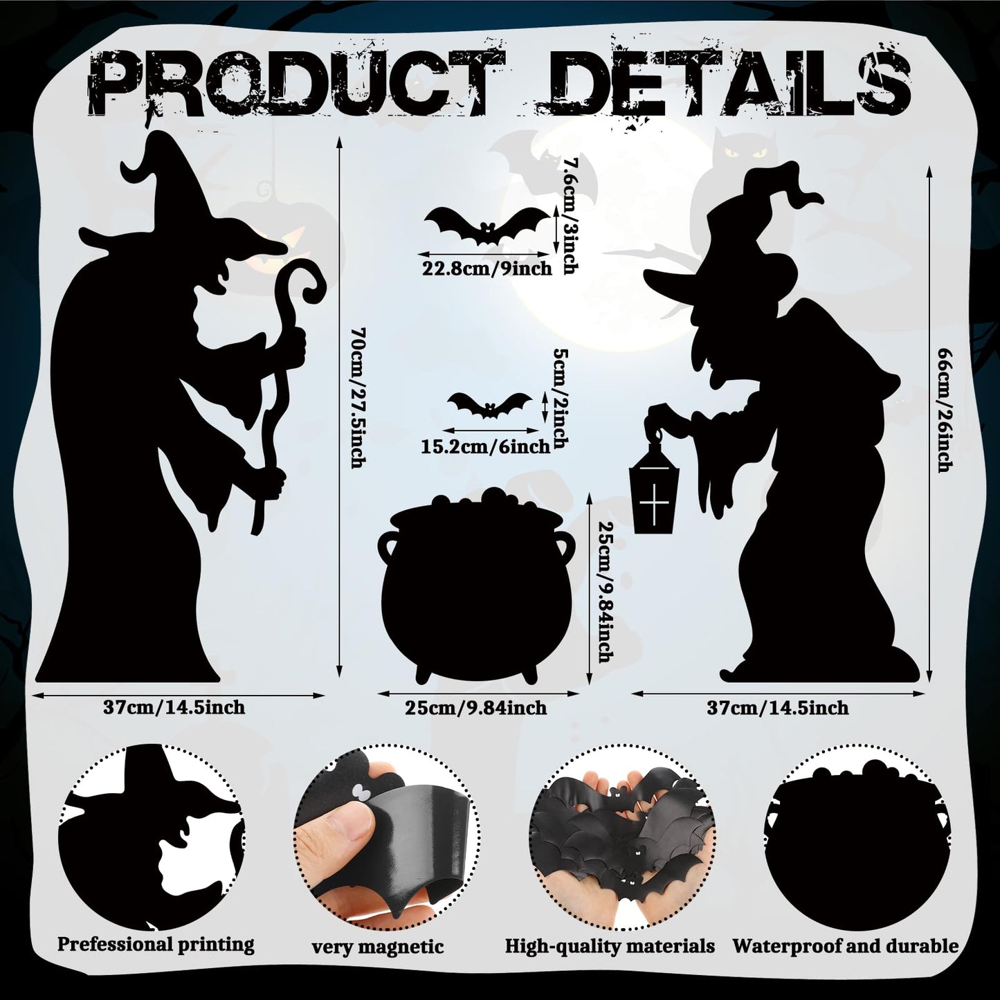 BBTO 24 Pcs Halloween Garage Door Decoration Waterproof Witch Halloween Fridge Magnet Bats Refrigerator Magnets Magnetic Decal for Metal Kitchen Garage Car Party Supplies Outdoor Decorations