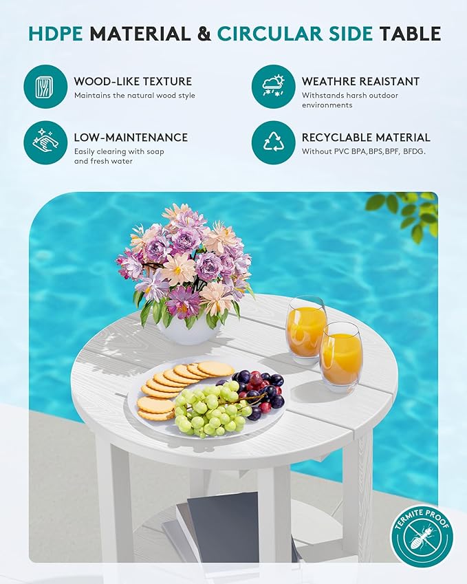 SERWALL Round Outdoor Side Table Set of 2, HDPE Small Adirondack Double End