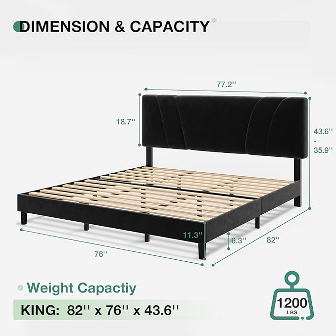 Novilla King Bed Frame and Headboard, King Bed Frame, Velvet Upholstered Bed