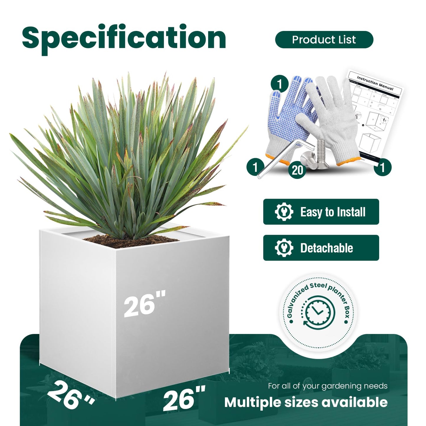 GZGNEEVL White Steel Planter Square Outdoor Planters Galvanized Steel Planter Box 26 Inch Indoor Metal Large Planters Cube Heavy Duty Planter Modern Commercial Residential for Trees Patio Yard Garden