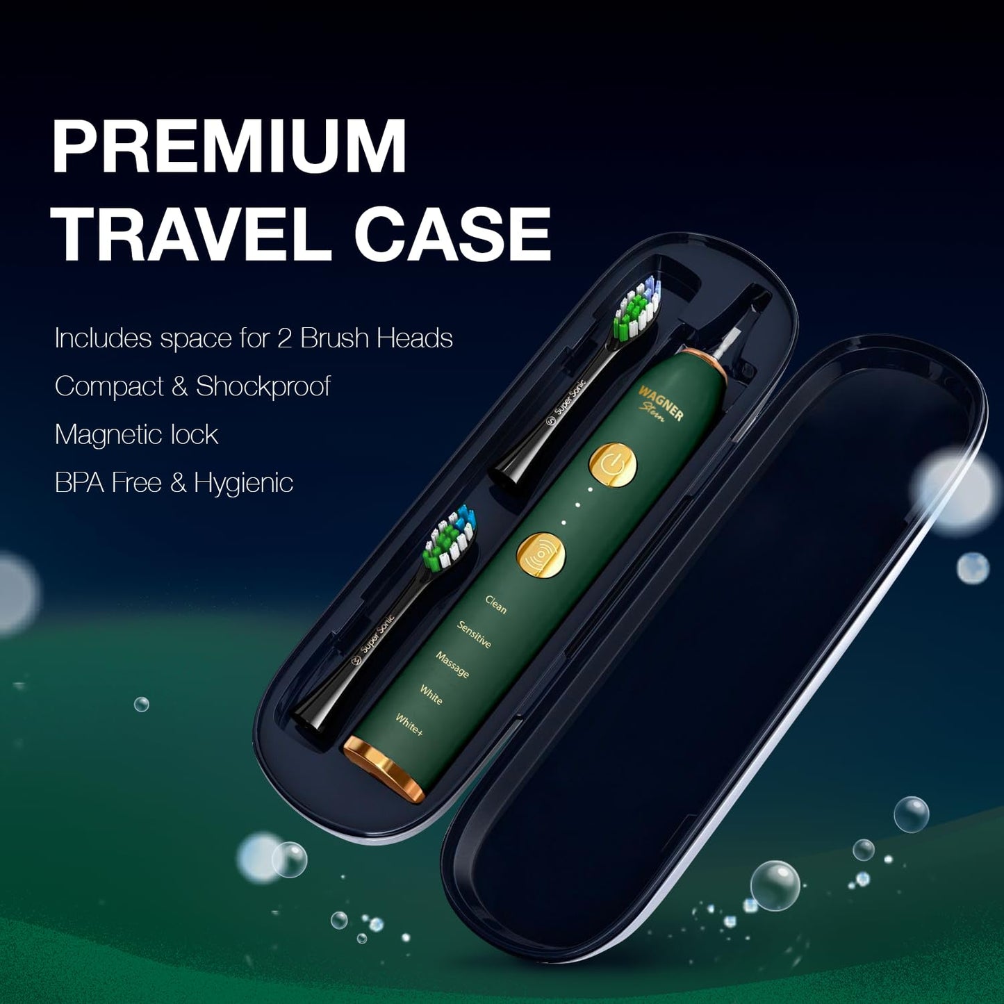 Wagner & Stern WHITEN+ Edition. Whitening electric toothbrush with pressure sensor. Offers 5 brushing modes, 3 intensities, 8 soft brush heads, and a luxury travel case. (Green)