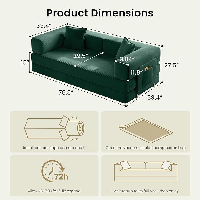 78.8" Convertible Sofa Bed, Corduroy Futon Couch