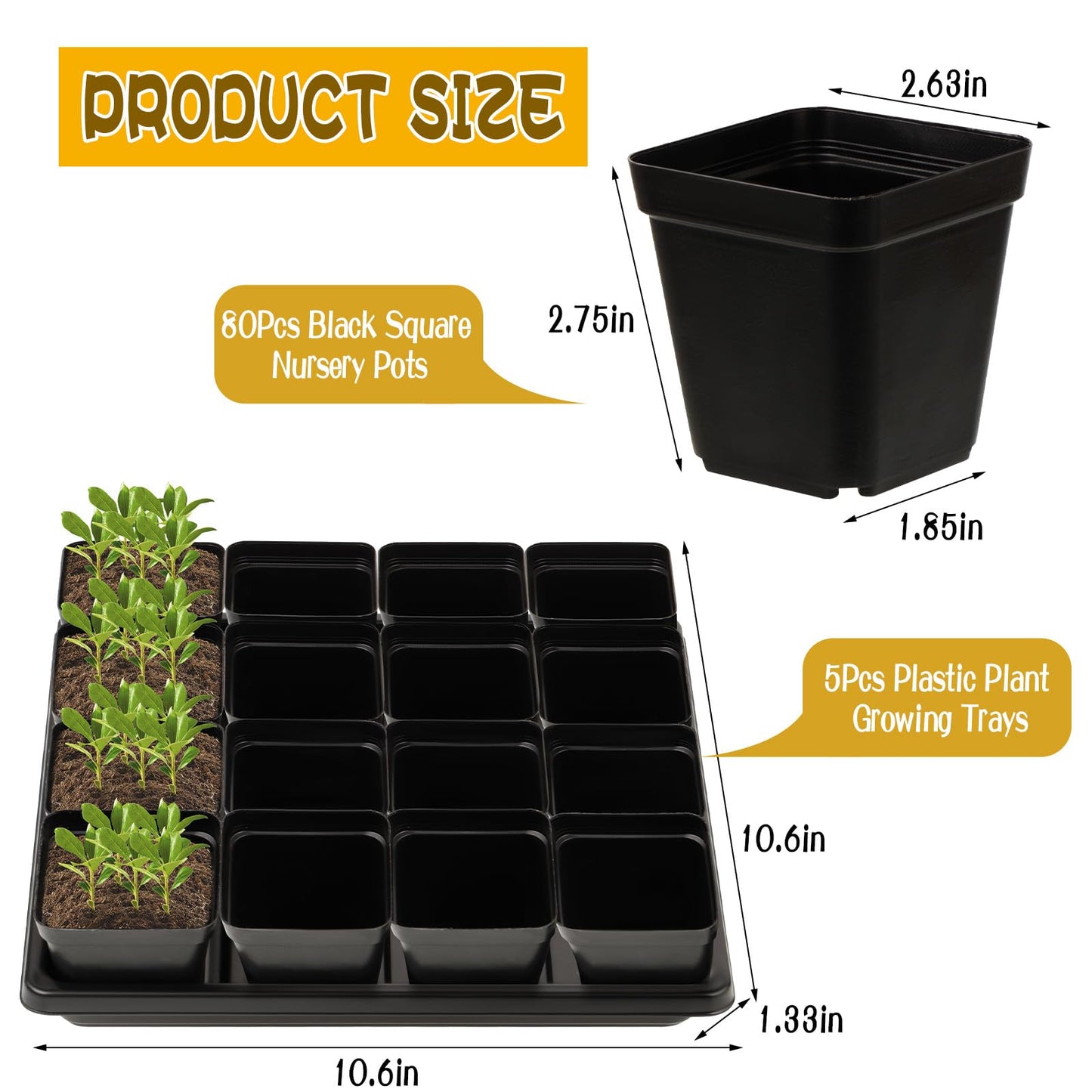 CIEOVO 2.4 inch 80 Pcs Square Nursery Pots with Drain Holes and 5 Pcs Plastic Plant Growing Trays, Seed Starter Kit Propagation Tray Seed Starting Pots for Seedling Plant Growing