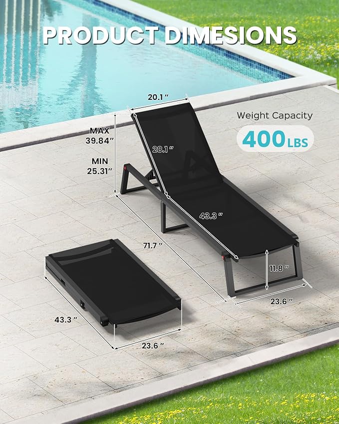 Aluminum Chaise Lounge Chair Outdoor, Foldable& No Assembly Patio Pool Lounge