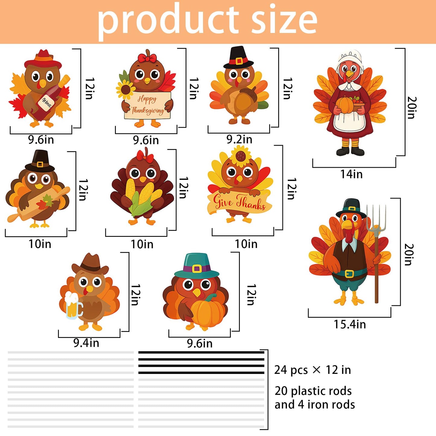 10PCS 20x12Inch Thanksgiving Yard Signs with Stakes Outdoor Turkey Decorations Waterproof Thanksgiving Lawn Decor for Garden Porch Farmhouse Party