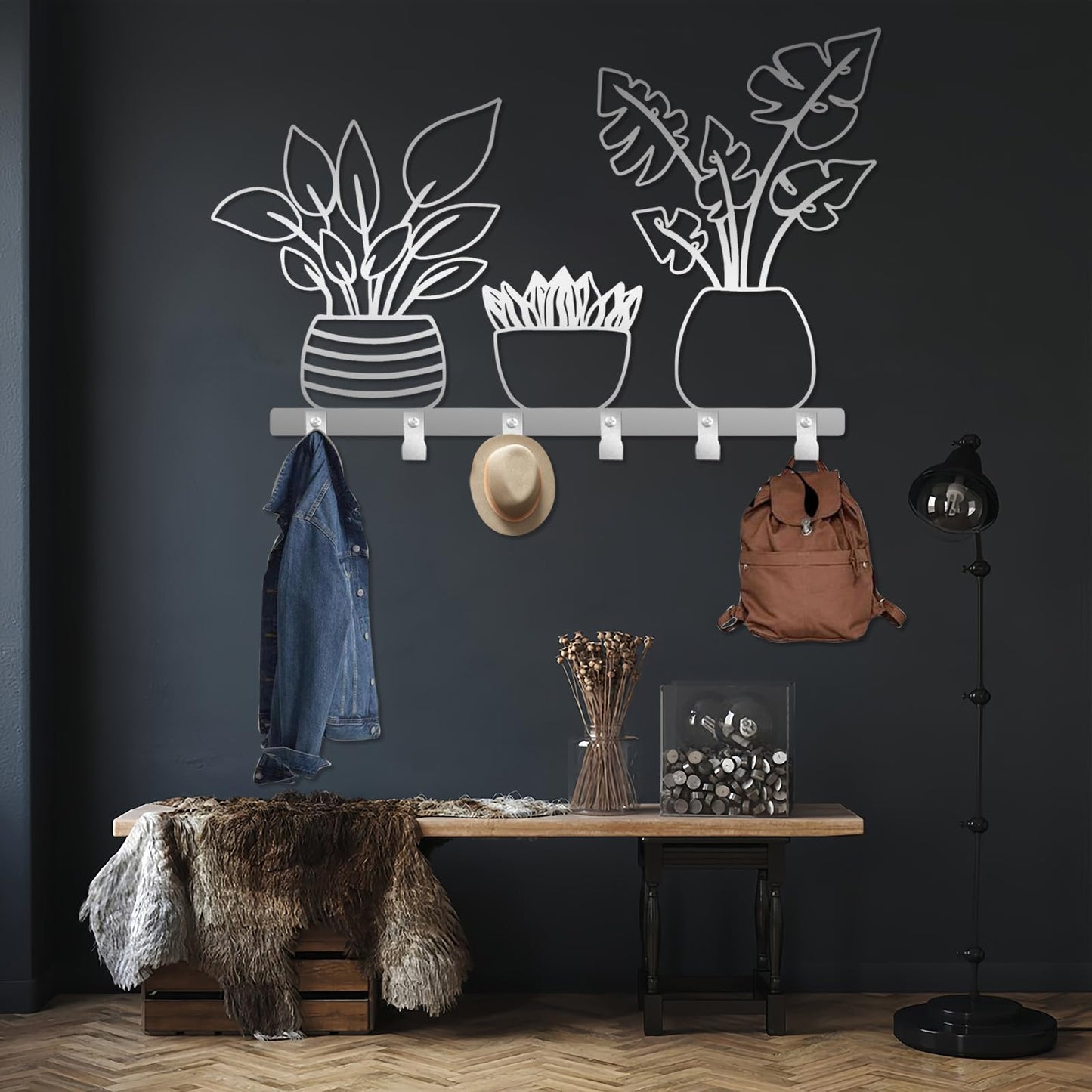 Metal Planter Coat Rack, Rustic Vase Wall Mounted, Botanical Flower Wall Mounted, Flower Key Hat Clothes Hooks, Nature Home Decor (Black, 29"x48"|74x121cm)