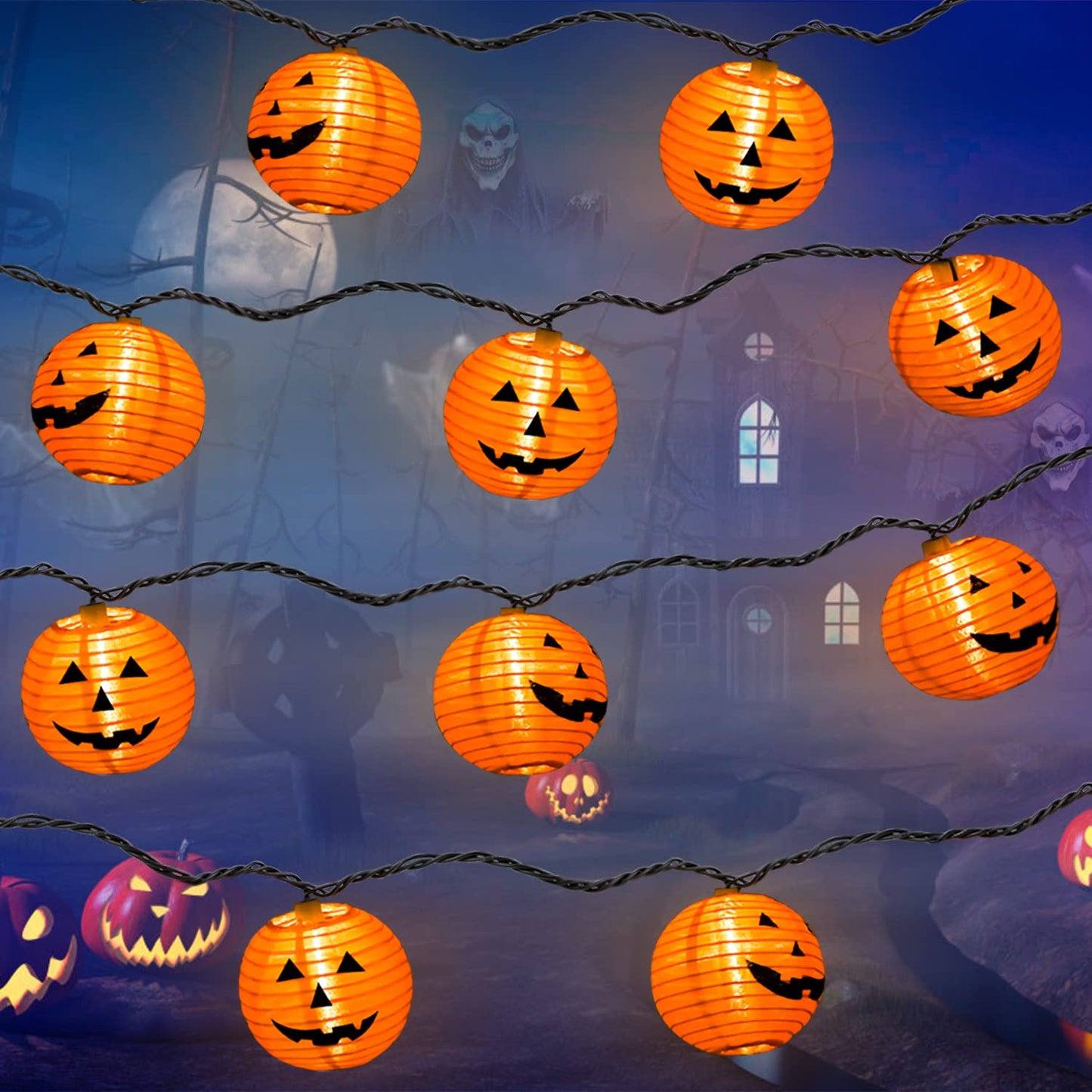 PASUTO Halloween Decorations Light Halloween Pumpkin Lantern String Lights, 10 Pack Jack O Lanterns Pumpkins Lights Plug in, 8.5FT Mini Pumpkin Light Connectable Indoor/Outdoor Halloweens Decorations