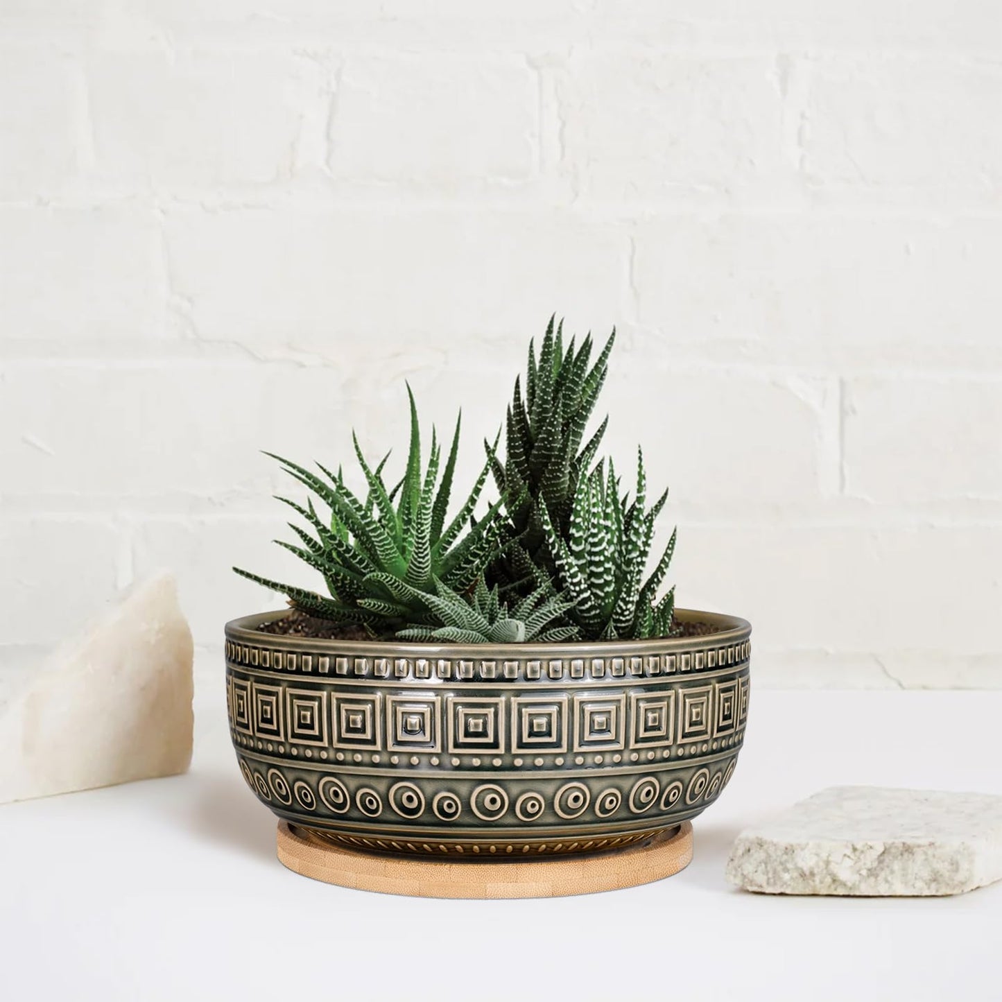 G EPGardening 8 Inch Ceramic Succulent Planter Pots Round Shallow Bonsai Planter Pot for Indoor Plants with Drainage and Bamboo Saucer Gray
