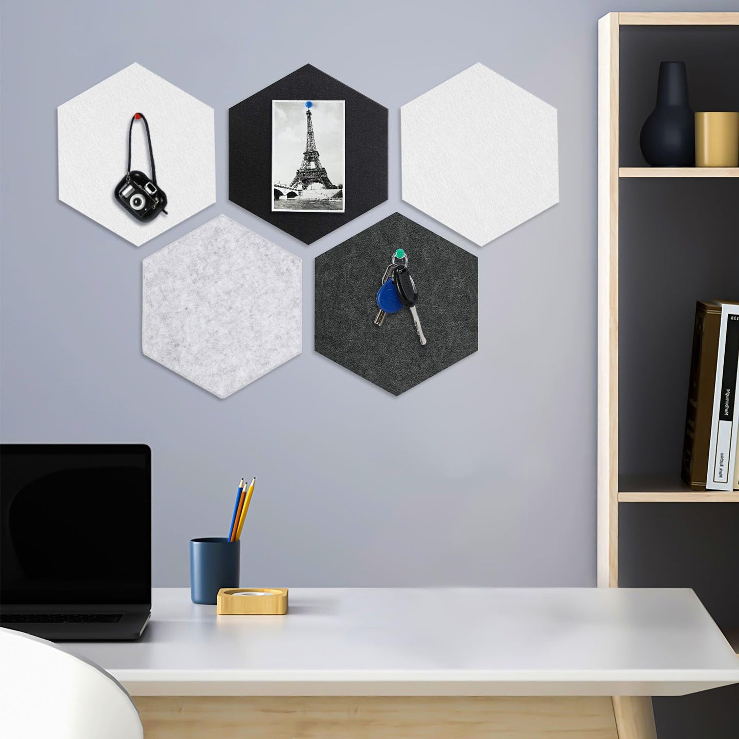 8 Packs Black White Gray Hexagon Felt Pin Board, 12" Bulletin Board with 30 Push Pins, Felt Board for Home Kitchen Office Decor, Self-Adhesive Corkboard Tiles for Walls School Message Photos Memos