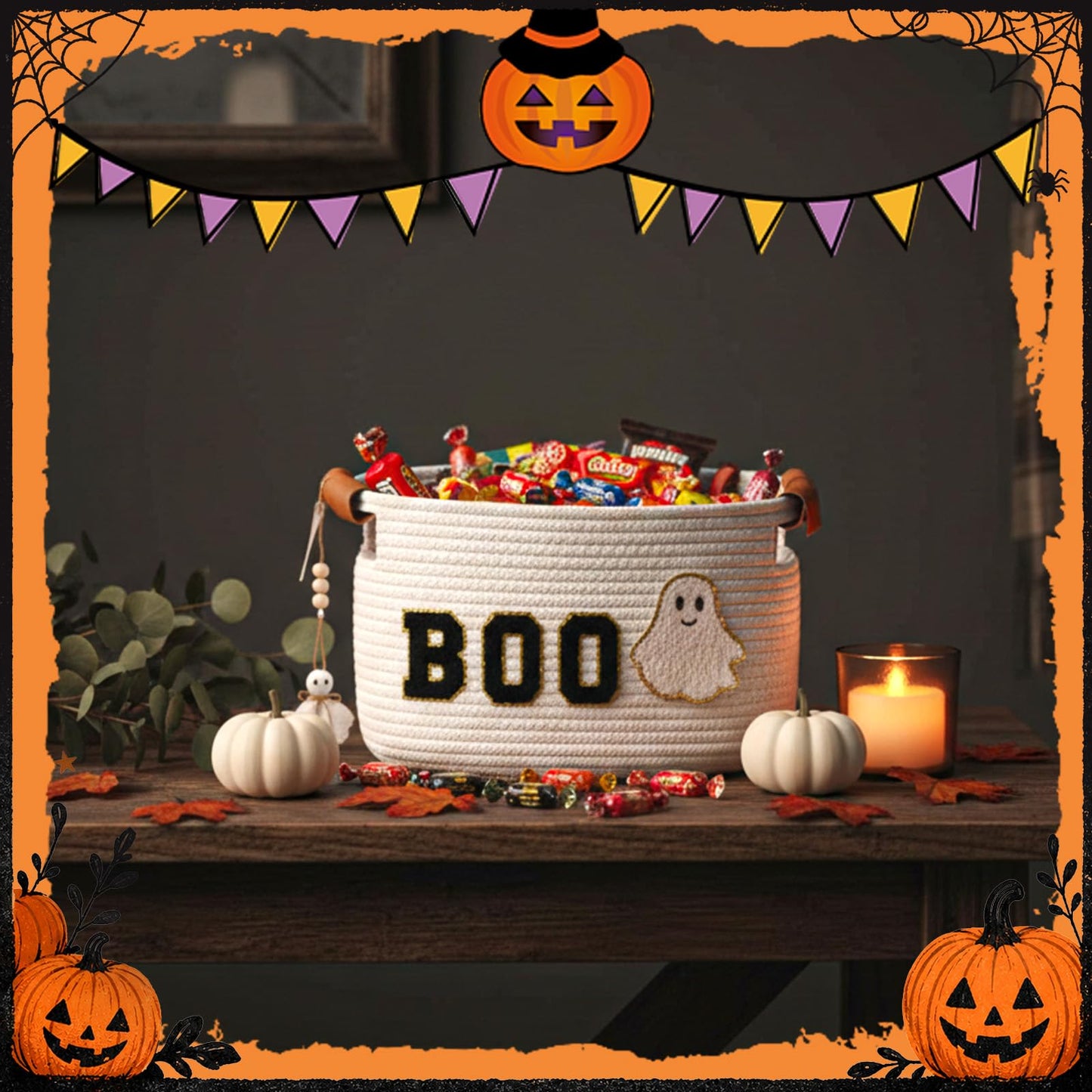Acellegic Halloween Woven Rope Basket 13 x 8.7 x 7.9 Inch BOO Ghost Decorative Storage Basket with Ghost Pendant Halloween Candy Bowl Trick or Treat Bucket Party Favors for Home Nursery Organizer