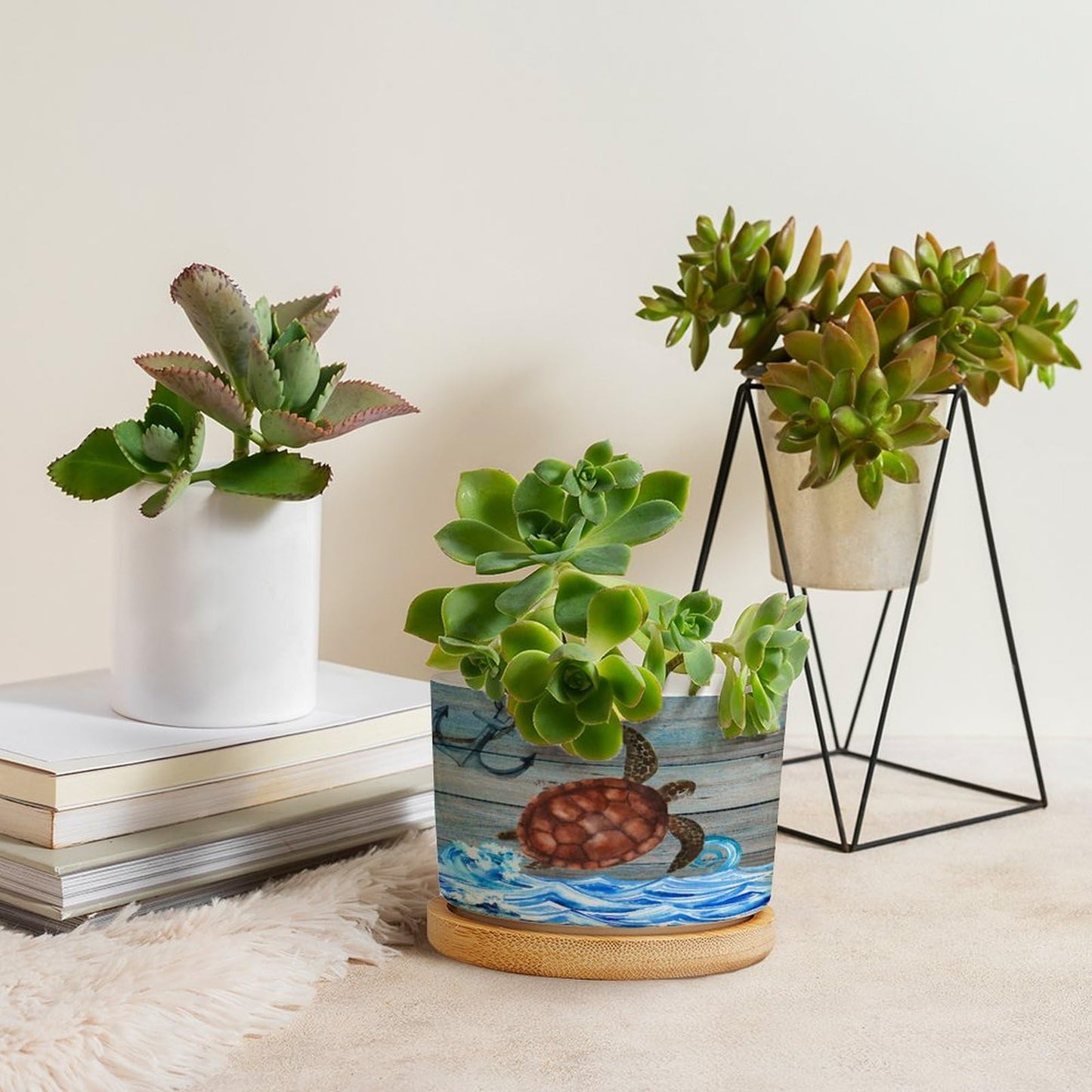 DreamAutumn Ocean Theme Sea Turtle Ceramic Pots for Plants with Drainage Holes Round Flower Pot Bamboo Tray Orchid Pot Succulents Pots for Outdoor Indoor Plants,Housewarming Gifts