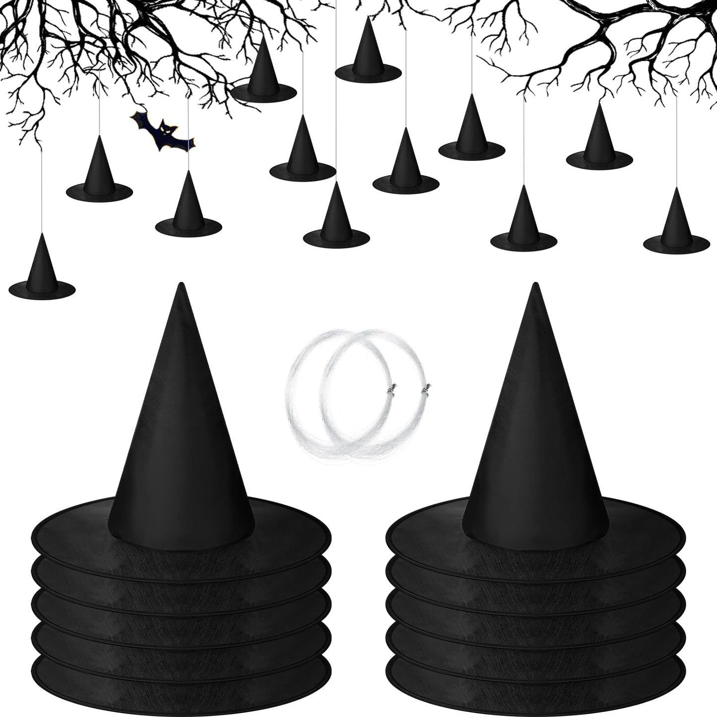 SATINIOR 12 Pcs Halloween Witch Hat Hanging Decor Floating Witch Hat with Rope Accessory and Transparent Seamless Hooks (Classic)