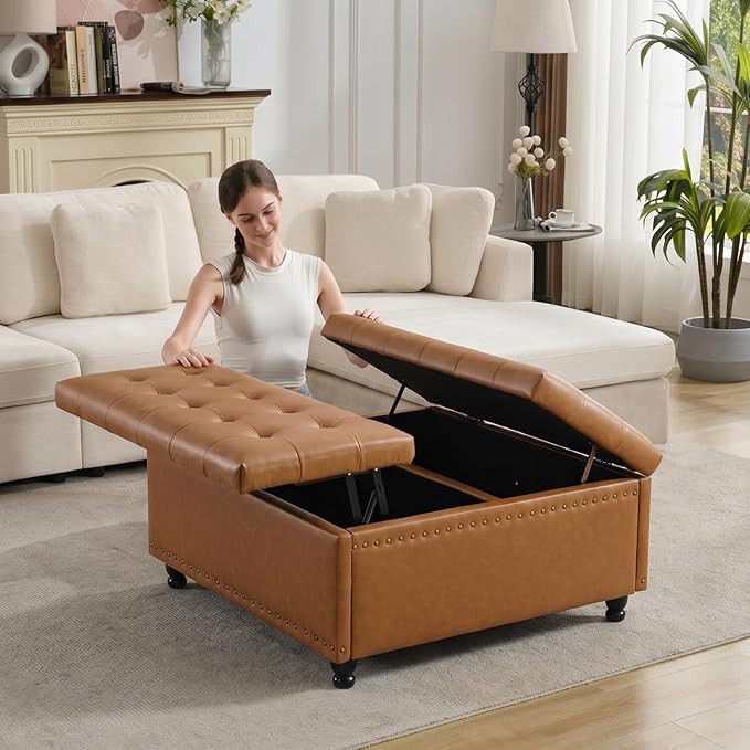 Tbfit Large Square Storage Ottoman Bench, Tufted Upholstered Coffee Table