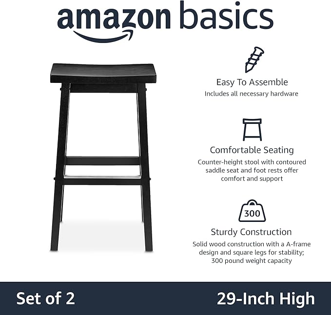 Amazon Basics Solid Wood Saddle-Seat Counter Height Bar Stools