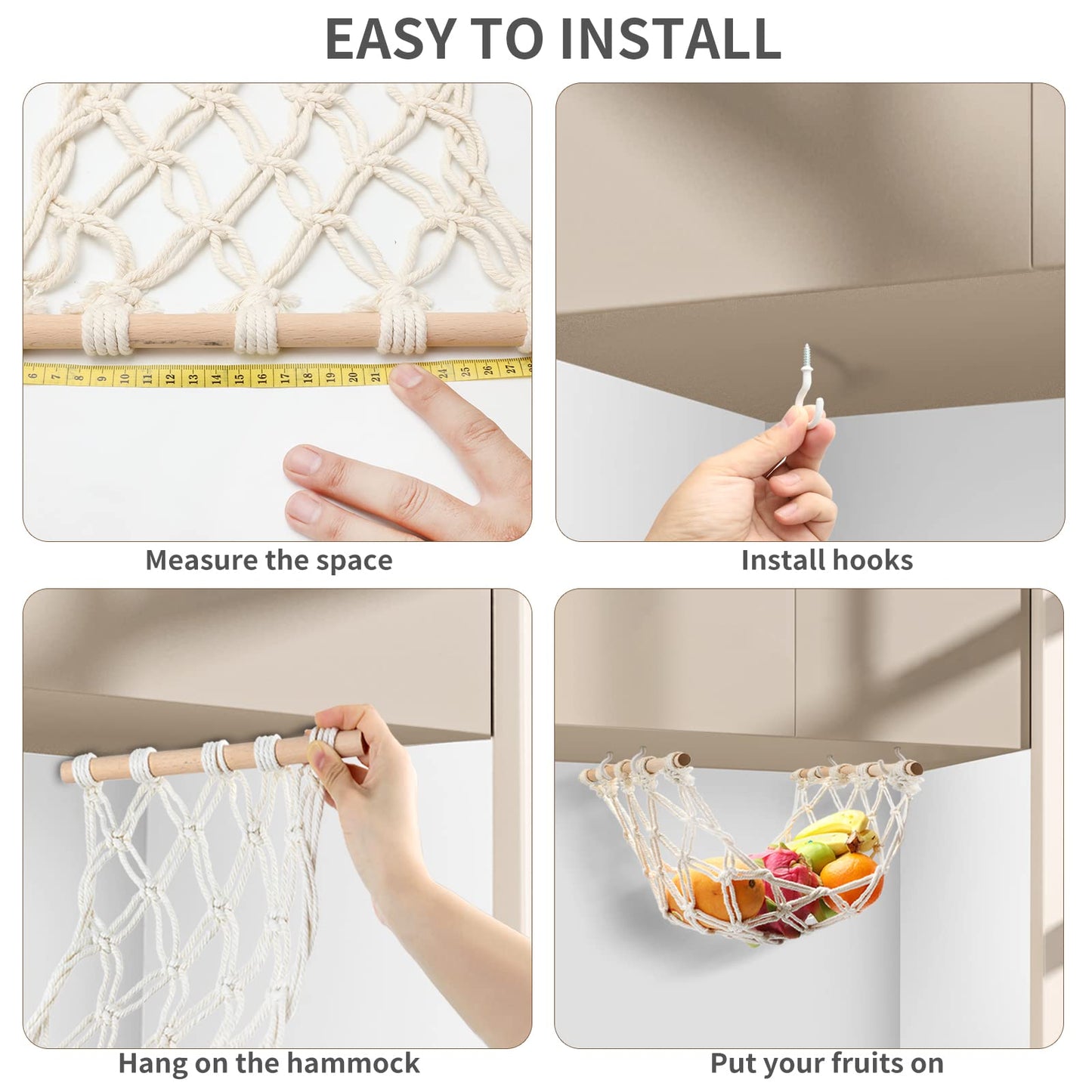 Motarna Hanging Fruit Hammock with Hooks, Hanging Fruit Basket Under the Kitchen Cabinet for Storing Banana Fruits, Hand-Woven Hanging Basket, Valentine's Gifts for Kitchen Décor, Rectangle