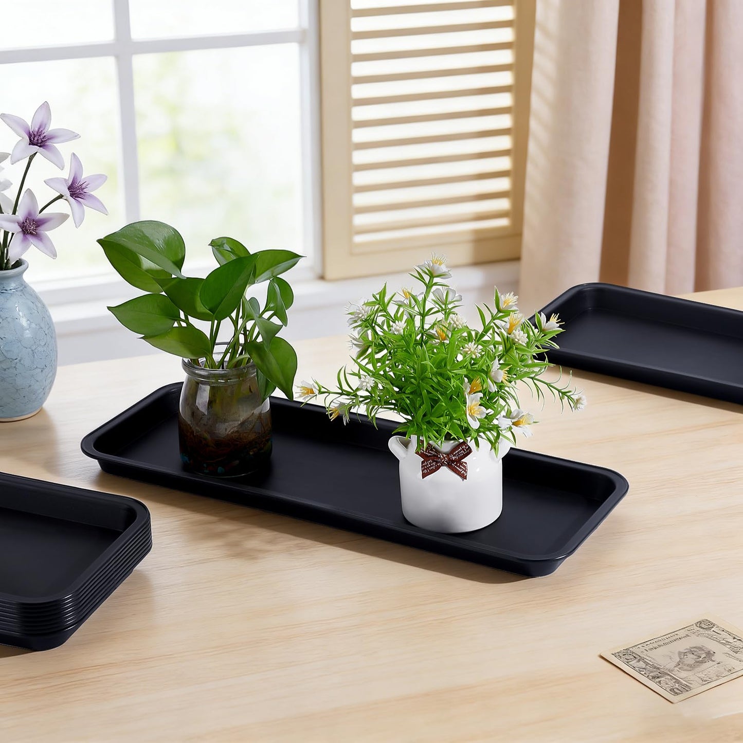 INTERWARM 10 Pack Rectangular Plastic Plant Saucers Tray, 15.67x6Inch Black Plant Water Drip Tray Large Plastic Plants Drip Trays for Indoors Outdoors Flower Pot Garden & Home Decor
