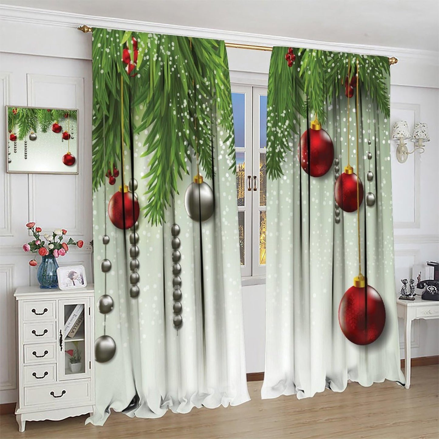 Christmas Curtain Decor Ball Coniferous Pine Tree Twig Tinsel Merry Xmas Blackout Window Treatment for Living Room Bedroom Dining Home Decor Window Drapes 52" W X 84" L