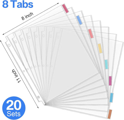 ReliThick 30 Set of 240 Pack Clear Sheet Protectors 8.5 x 11 Inch Page Protector for 3 Ring Binder with 8 Tabs Plastic Dividers for 3 Ring Binder, Insertable Index Page Divider Multicolor Tabs