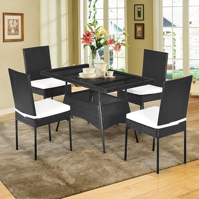 Tangkula 5 Piece Wicker Patio Dining Set, Outdoor Rattan Table & Chairs Set