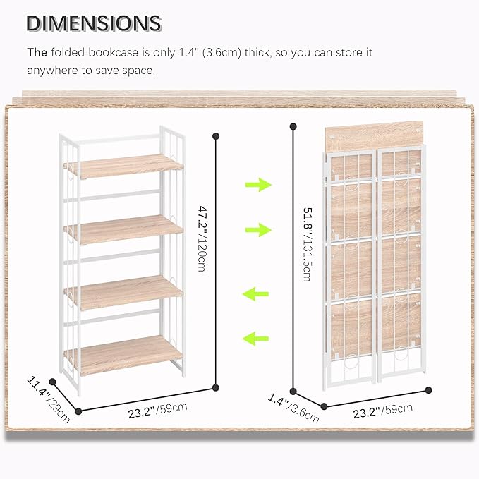 4NM No Assembly 4 Tiers Folding Bookshelf, 47.2" H Foldable Storage Shelves