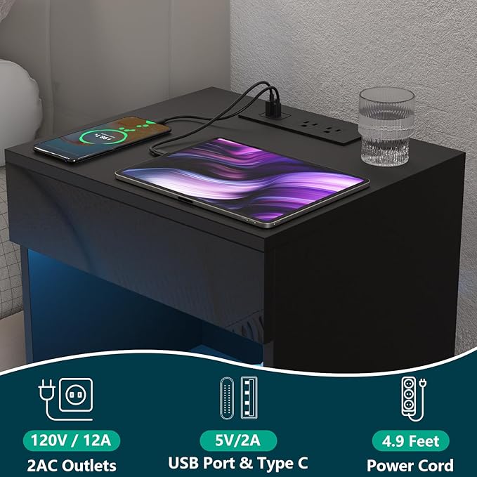 HOMMPA Set of 2 Open Shelf LED Nightstands
