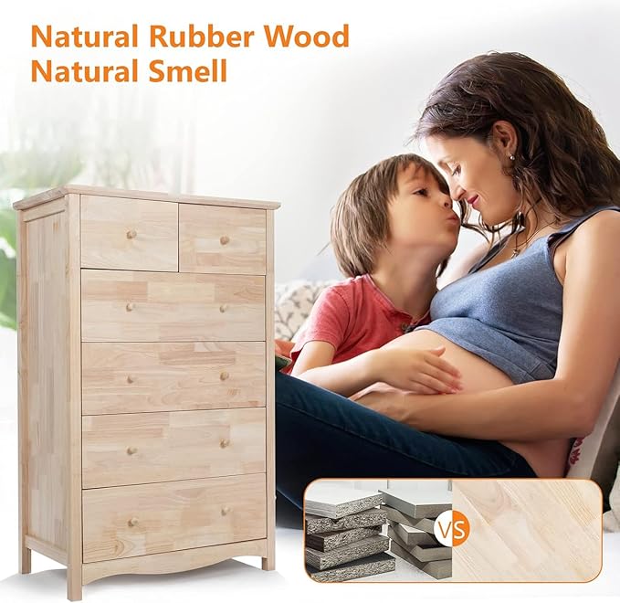 VINGLI Unfinished 6 Drawer Dresser, Natural Solid Wood Dresser Color DIY