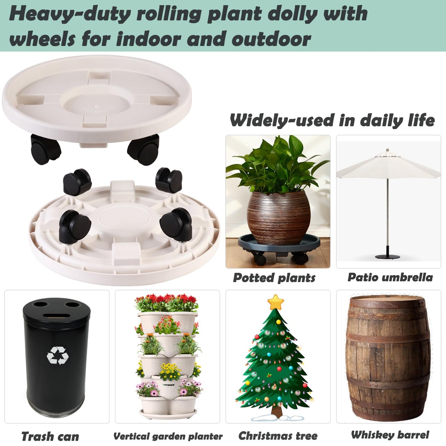 5 Pakcs Large Plant Caddy with Wheels 15.8" Rolling Plant Stands Heavy-duty Plastic Plant Roller Base Pot Movers Plant Saucer on Wheels Indoor Outdoor Plant Dolly with Caster Tray Coaster White