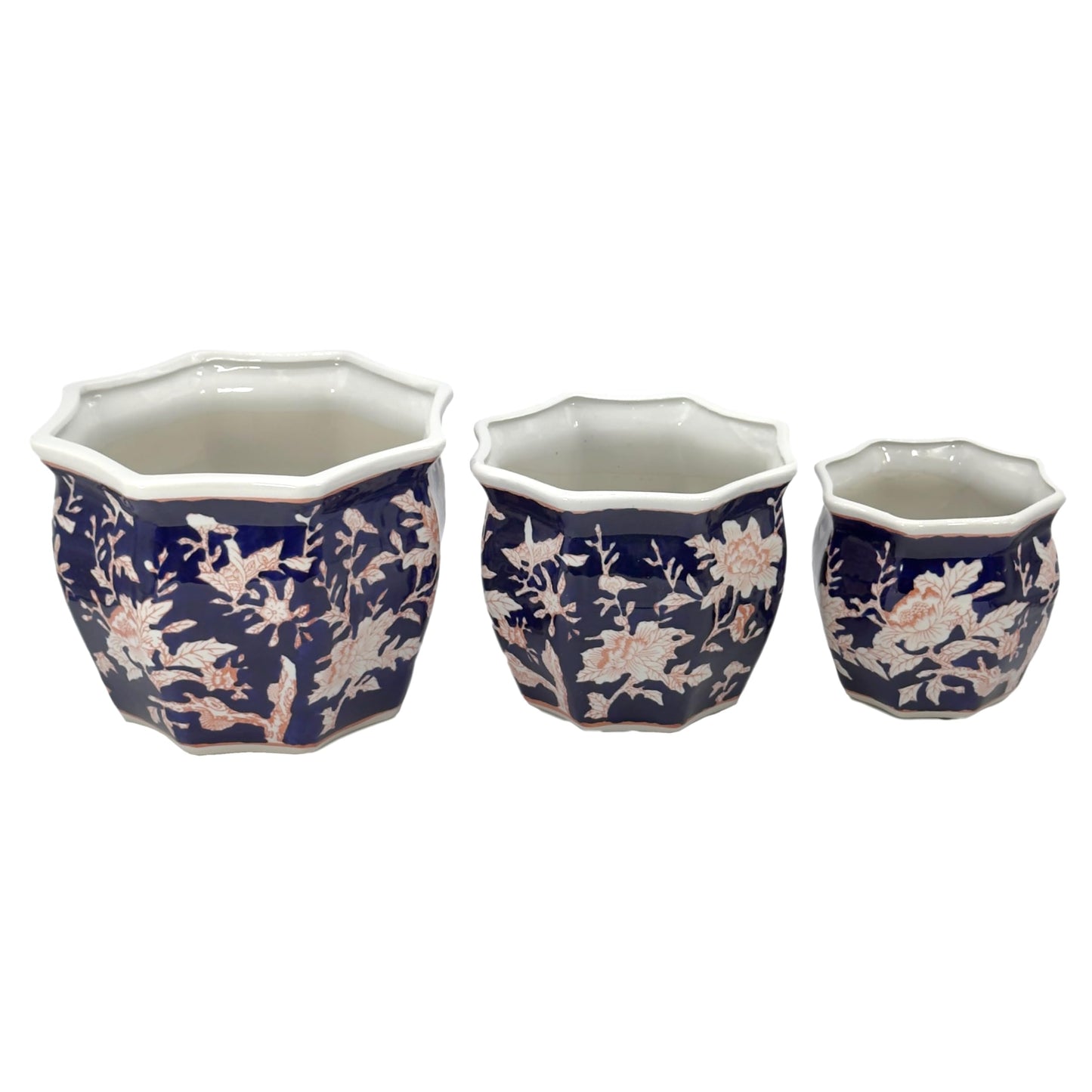 Galt International Blue & Pink Round Fluted Floral Porcelain Ceramic Plant Flower Planter Pot Set of 3 (7.5", 10", 13") Garden Pots Chinese Asian Design