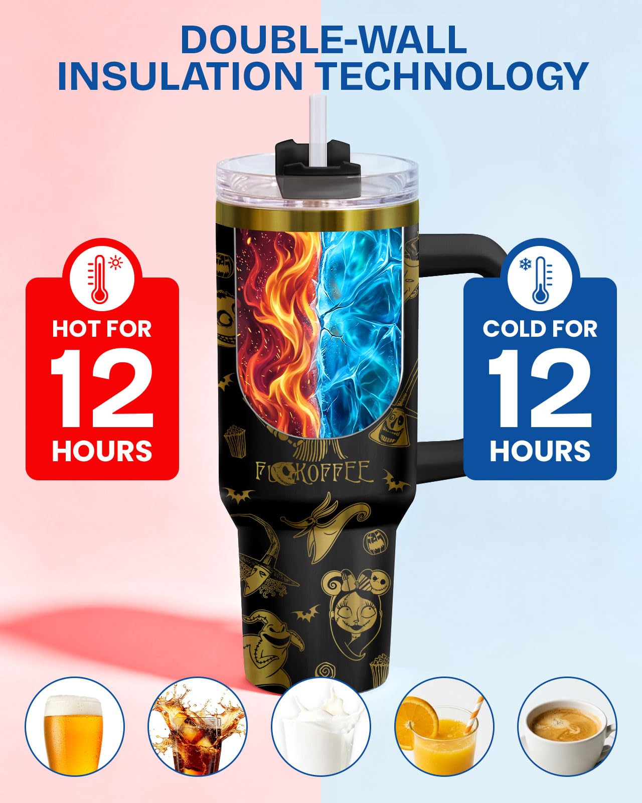 34HD Nightmare Before Coffee Tumbler 40oz with Handle and Straw, Laser Engraved Skeleton Insulated Travel Coffee Cup - Cartoon Character Gifts on Birthday for Cafe Lovers, Men & Women