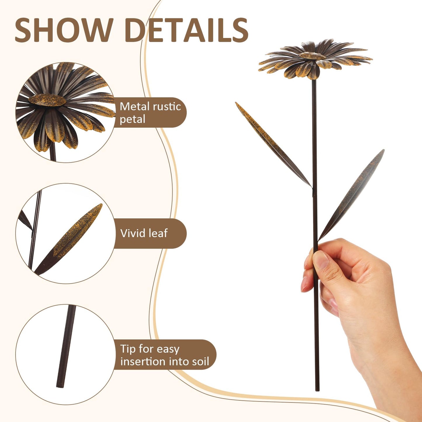 5 Pcs 11.8 Inch 3D Rusty Metal Garden Stakes, Weatherproof Decorative Plant Picks for Farmhouse Outdoor Yard, Lawn, Patio & Walkway(Daisy)