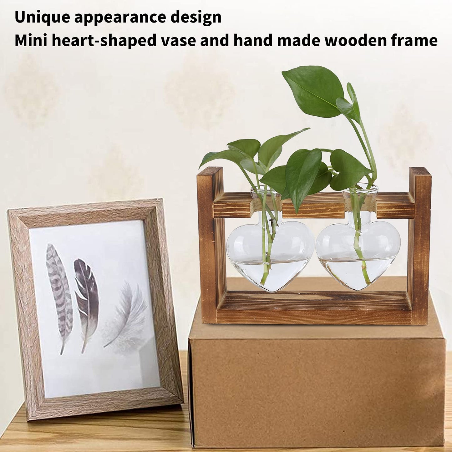Heart Shaped Glass Hydroponic Vase with Retro Wooden Stand, Plant Propagation Stations with Wooden Stand, Desktop Plant Terrarium for Home Office Desk Decor (Retro Frame + 2 Heart Bottles)