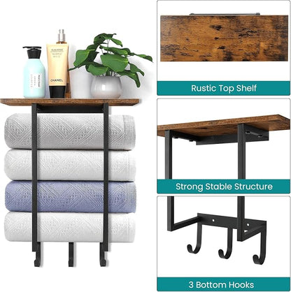 ELITEROO Towel Racks for Bathroom Wall Mounted, Towel Holder with Wooden Shelf and 3 Hooks for Washcloths Hand Towel, Bath Towel Storage Organizer for Small Bathroom, RV, Rustic Brown