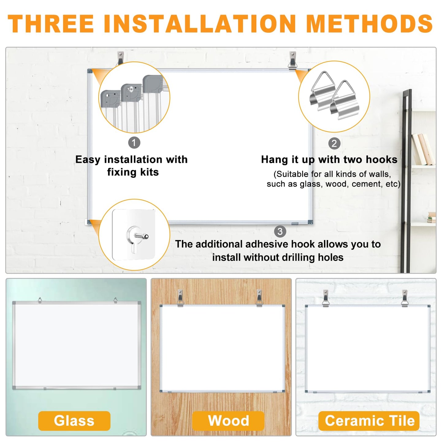 H-Qprobd White Board Dry Erase Whiteboard for Wall 24x18 (3pcs) Magnetic Boards for Office Classroom & Home, Small Wall Whiteboard Including 6 Markers, 10 Magnets, 2 Erasers & 15 Adhesive Hooks