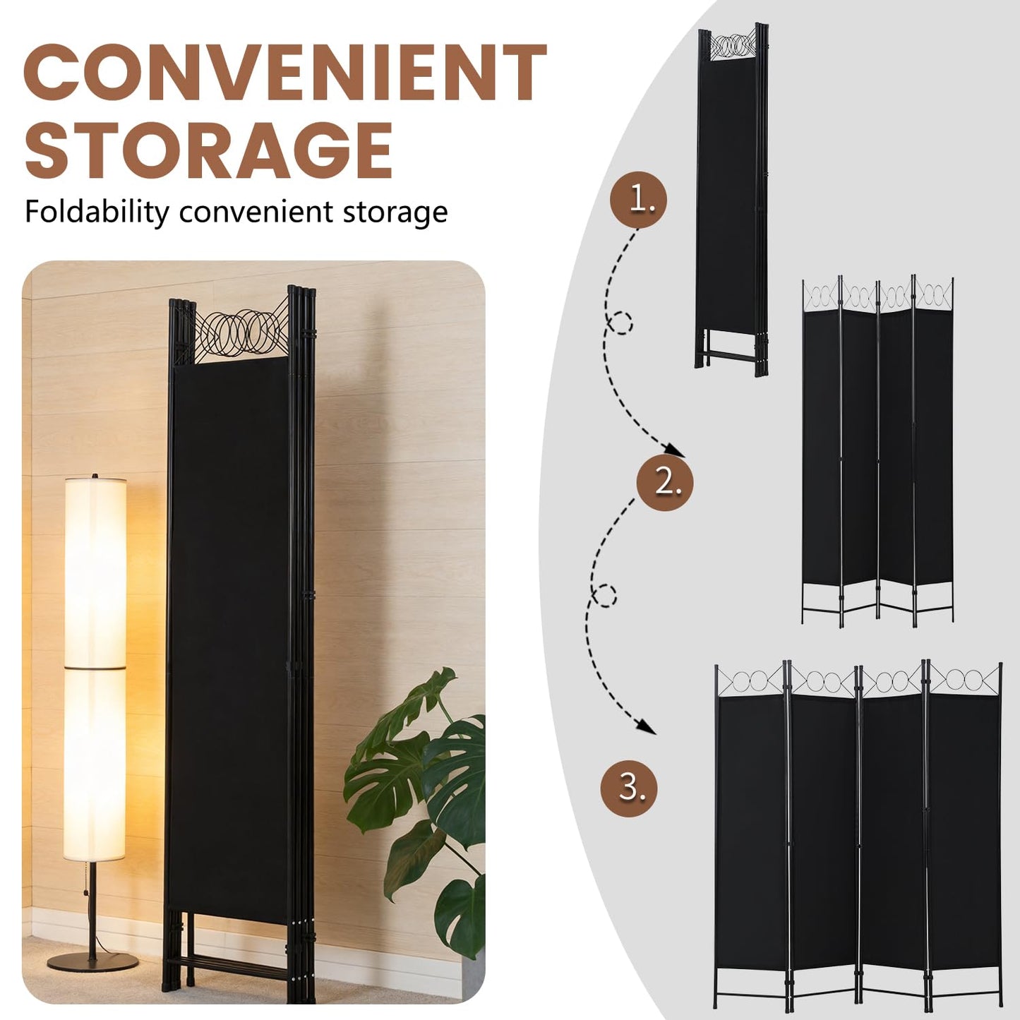 FDW 4 Panel Room Divider, 6FT Folding Privacy Screen Freestanding Partition Wall, Portable Room Separator for Dorm Bedroom Office Studio, Durable Metal Frame & Breathable Fabric, Dark Black