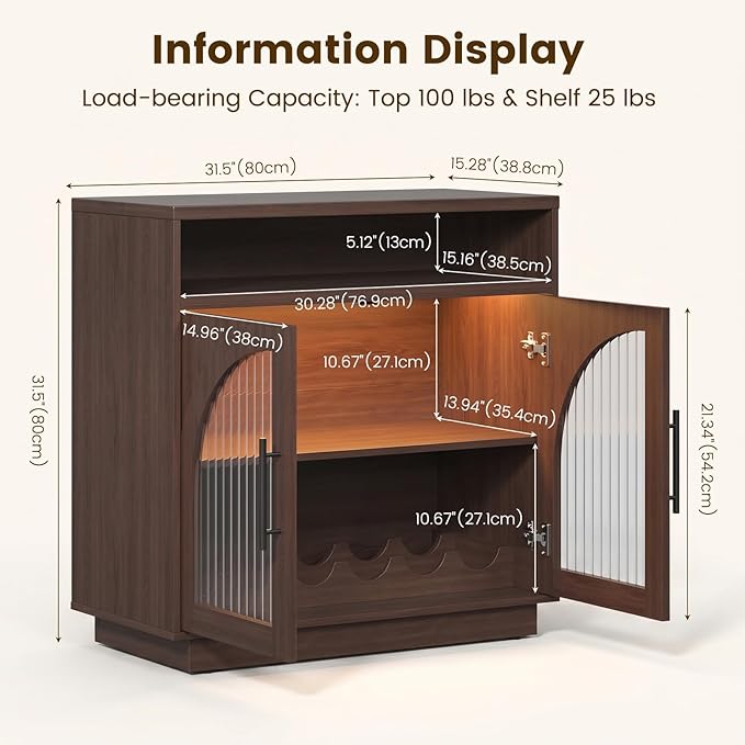 Sideboard Buffet Cabinet with Storage, Wine Bar Cabinet with Arched Glass Doors