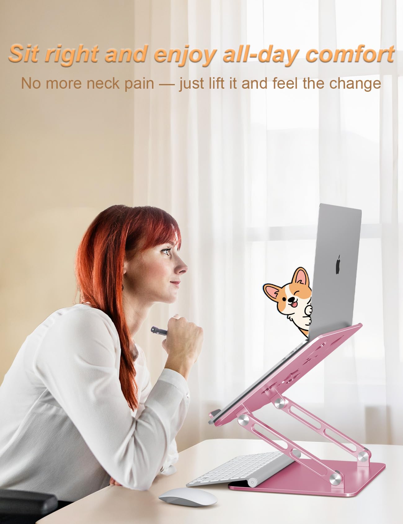 Aoviho Laptop Stand For Desk-Adjustable, Foldable, Portable, Ergonomic Aluminum Notebook Riser with Unique Puppy Cooling Vent, Desk Gift for 10"-17.3" Devices Mac, Dell, HP, Lenovo, Samsung, Rose Gold