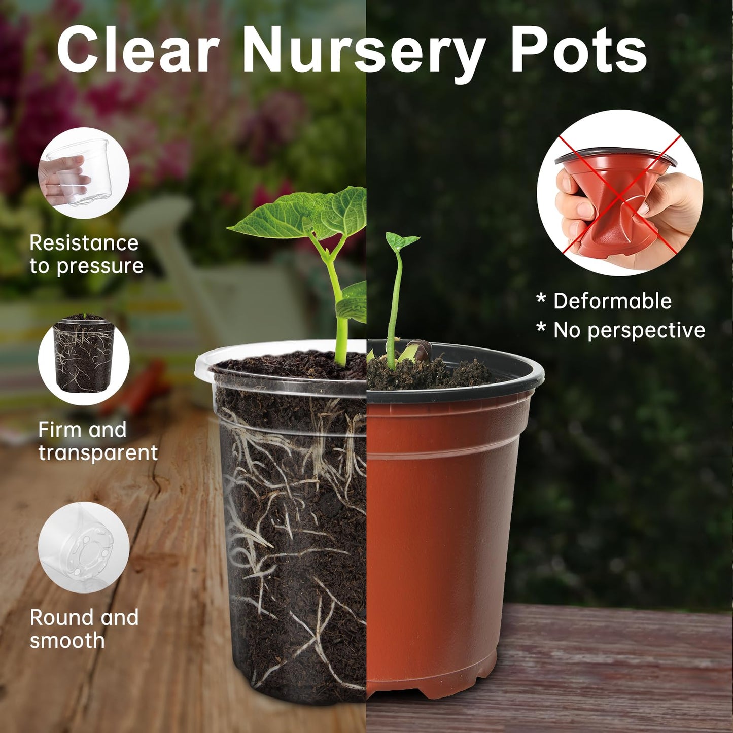 WandaQueen 30 Packs 4 Inch Reinforced Clear Nursery Pots for Plants with Drainage Holes, High Transparency Plastic Seedling Plant Pot with Drainage Holes Have 20 Labels