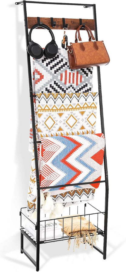 Metal Blanket Ladder with Basket, 5 Tier Black Blanket Ladders for the Living Room with Hooks, 5.2ft Wall Leaning Quilt Ladder for Blankets, Towels & Throws, Farmhouse Decor