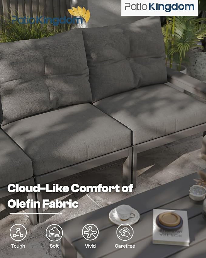 HDPE Outdoor Patio Furniture Set, 6-Piece Patio Conversation Sets with Coffee Table & Side Table & Grey Washable Thick Cushions, Outdoor Sofa for Balcony, Porch, Poolside (Grey Frame)