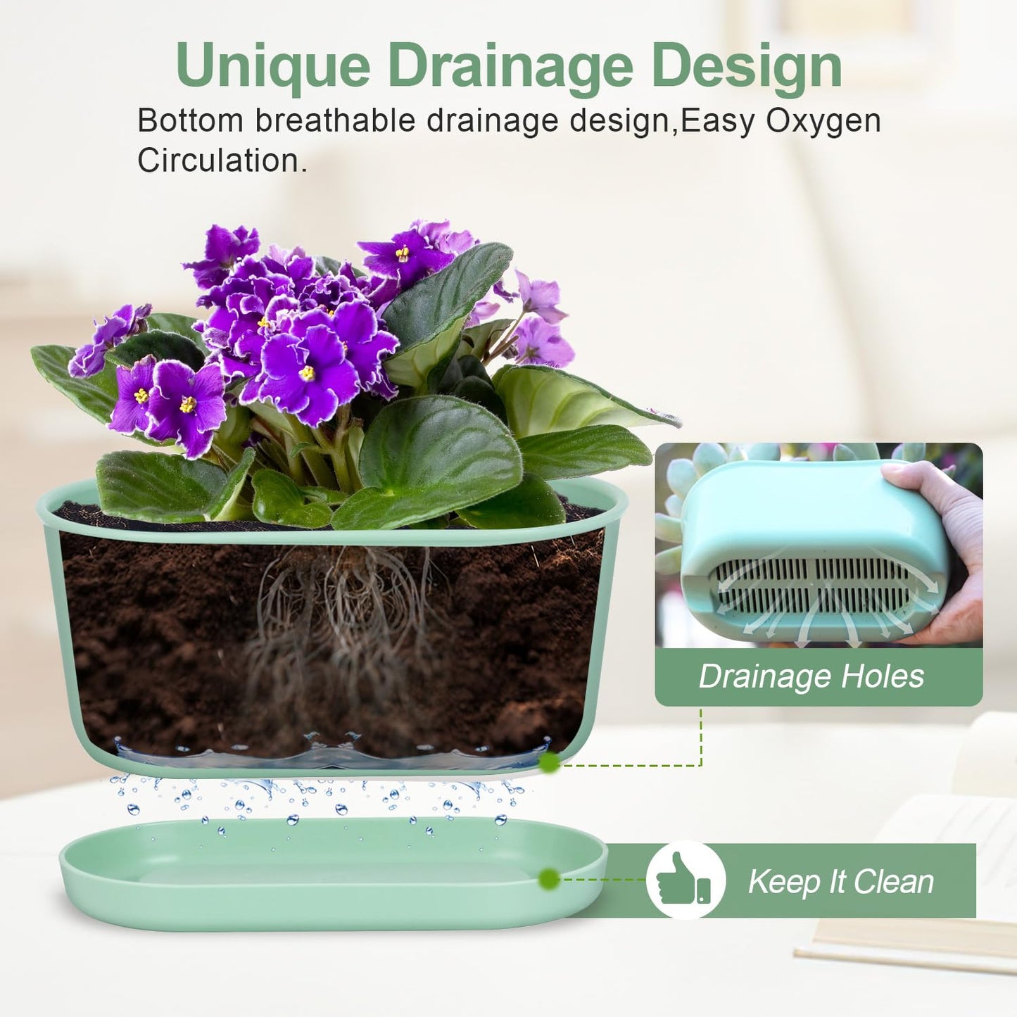 Oliz Set of 4 Green Oval Window Sill Planters with Drainage Holes and Trays（7 Inch） for Herbs Basil Orchids Succulents, Modern Herb Garden Planter for Indoor/Outdoor Plants