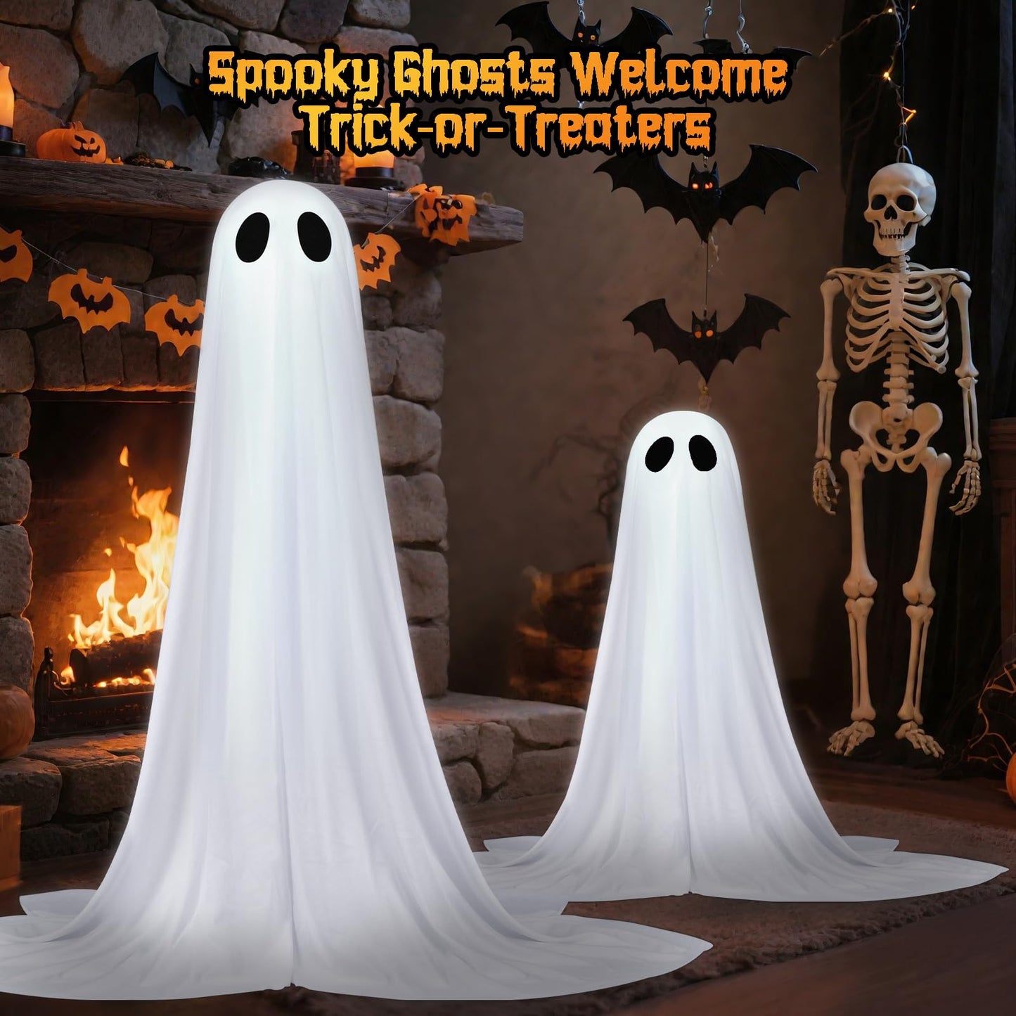 2 Pack Halloween Ghosts Outdoor Spooky Ghost Decorations Outside 36'' & 18'' Tall White Light Timer Function Standing Scary Light Up Ghost Kit for Porch, Courtyard, Party, Haunted Houses (White)