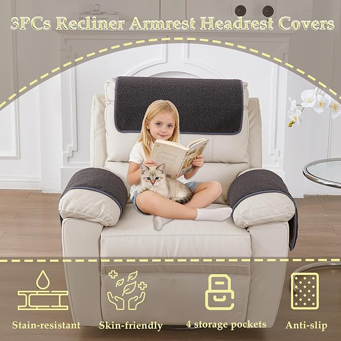 Armrest Covers - Arm Chair Covers Set of 3 Recliner Chair Covers,