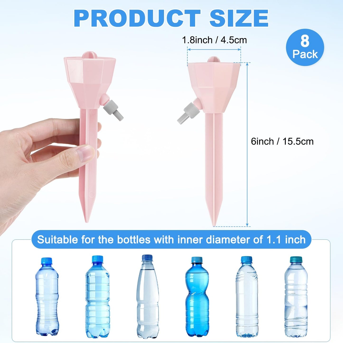 M METERXITY 8-Pack Self Watering Spikes for Plants, 5.3 Inch Plastic Plant Watering Devices with 8 Stoppers for Indoor/Outdoor Pots, Garden Water Planter System [Pink]