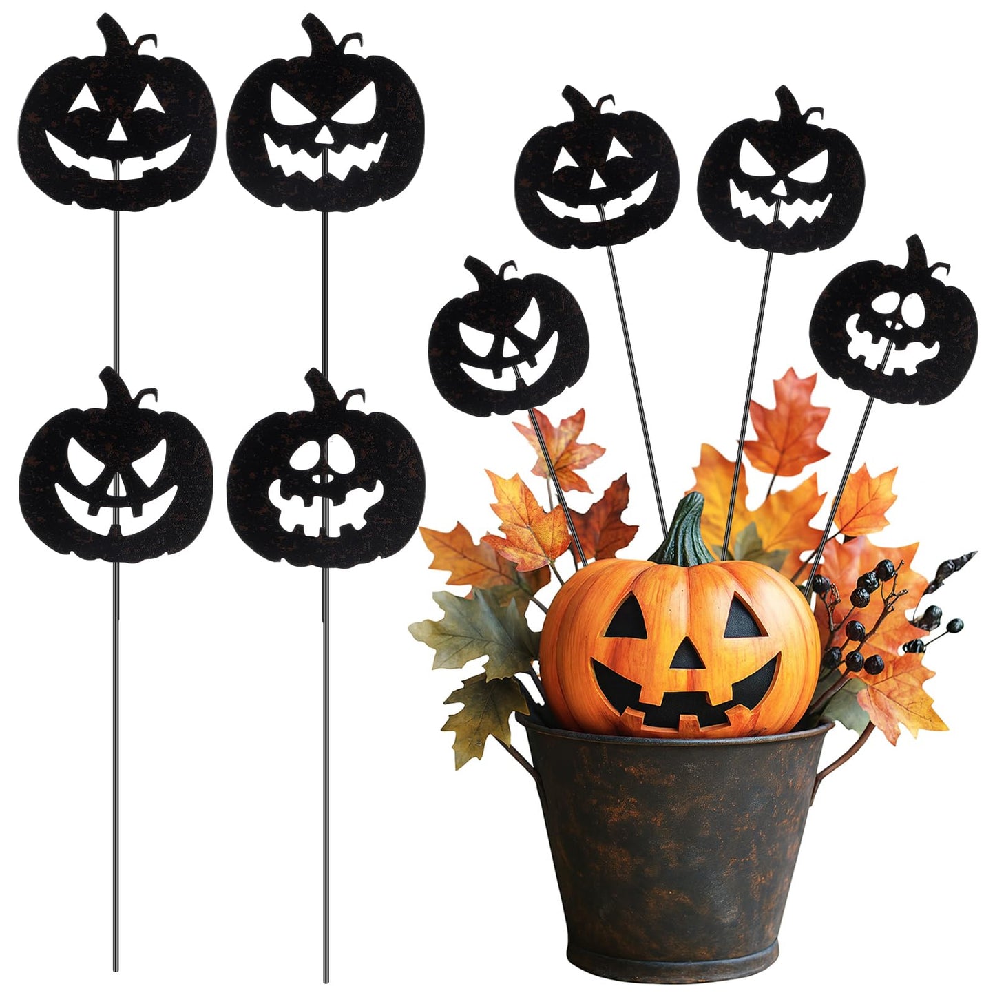 Chunful 4 Pcs Halloween Decorative Garden Stakes Jack O Pumpkin Garden Stakes for Flower Planter Pot Outdoor Metal Yard Sign Day of The Dead Decorations Halloween Patio Lawn Decor
