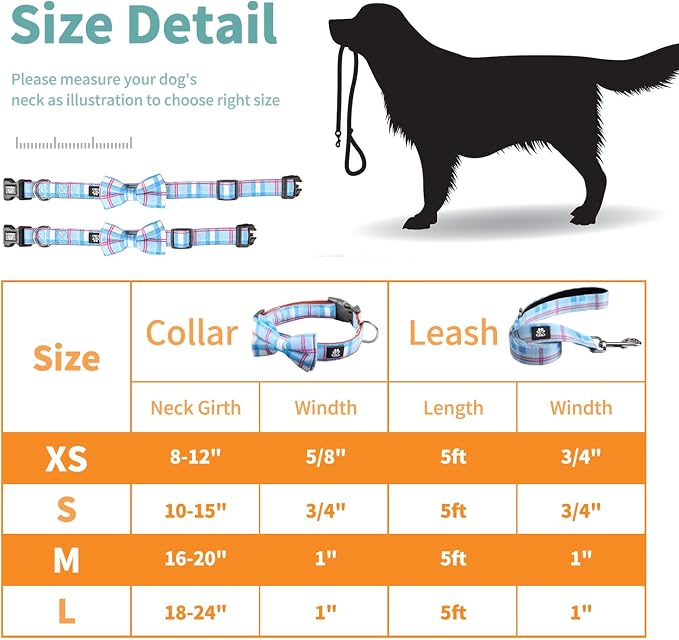 IVY&LANE Dog Collar with Bowtie and Leash Set | Plaid Adjustable Dog Collar | Detachable Bow Tie |5 FT Dog Leash | for Small Medium Large Dogs | Checkered Blue | Large