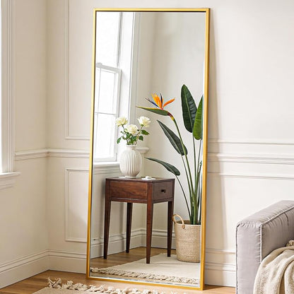 OLIXIS 64"x 21.5" Mirror Full Length, Full Body Mirror with Stand, Hanging or Leaning for Wall, Floor Standing with Shatter-Proof Glass for Bedroom, Living Room, Long, Gold