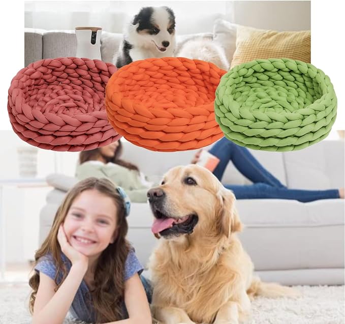 Woven Dog Bed Basket, Knitted Cotton Cat Bed Round Washable Woven Cat Pet Bed Chunky Dog Basket, Orthopedic, Chunky Knit Dog Nest,Dog Bed,Dog Cave,Dog Bedding(Red 1,17")