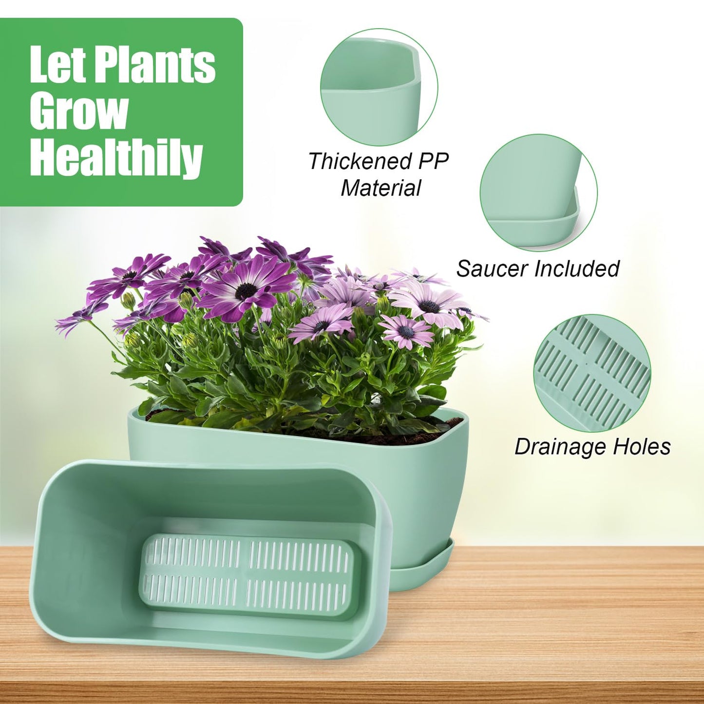 Oliz 4 Set Window Herb Planter Box Rectangular, Green Plastic Planters with Multiple Drainage Holes and Trays,Indoor Succulent Cactus Mint Flower Pot for Windowsill, Garden Balcony