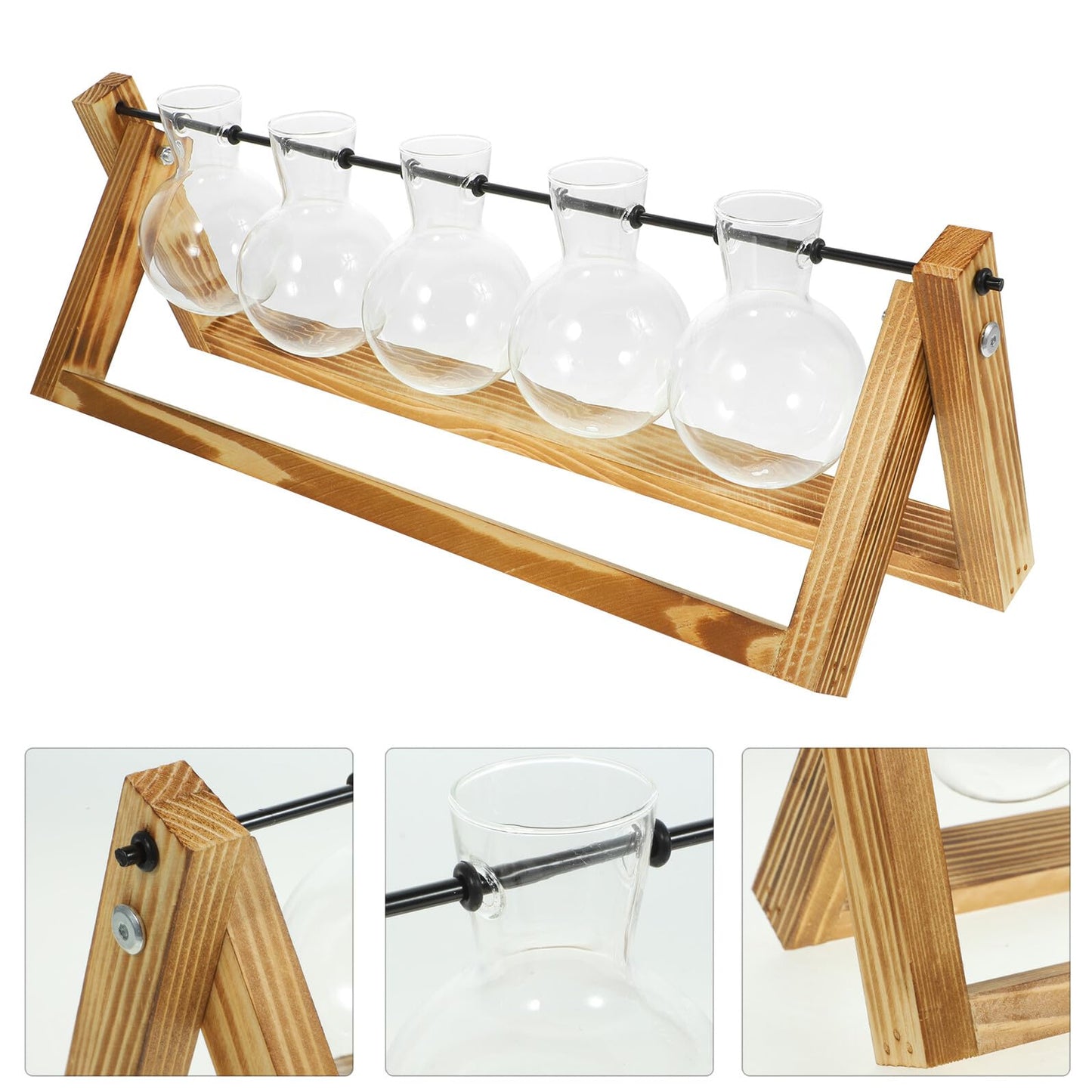 BESTonZON Glass Plant Propagation Station with 5 Glass Vases and Wooden Stand, Hydroponic Vase Set for Desktop Green Plant Water Cultivation and Home Décor