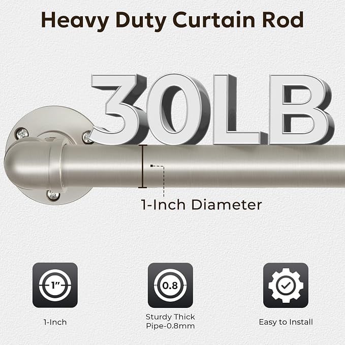Zeerobee Curtain Rods for Windows 72 to 144, 1 Inch Industrial Wrap Around Brushed Nickel Curtain Rod, Indoor/Outdoor Room Divider Adjustable Drapery Pole, 72"-144"